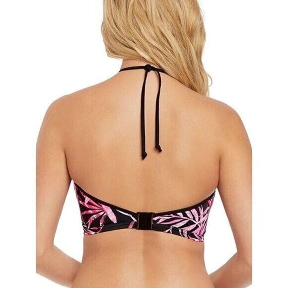 Freya Black & Pink Palm Floral Halter Swim Top 34H - Picture 2 of 5